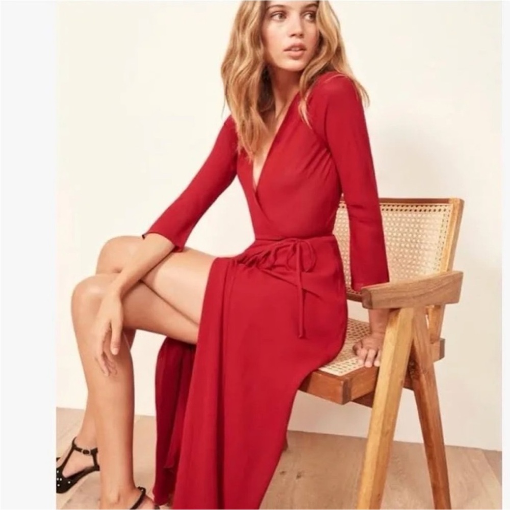 Reformation Red Long Sleeve Wrap Maxi Dress
